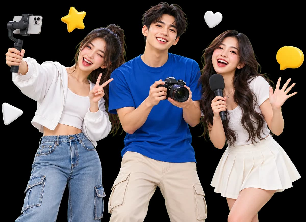 Minh hoạ: ba bạn trẻ sáng tạo nội dung với điện thoại, máy ảnh và micro
